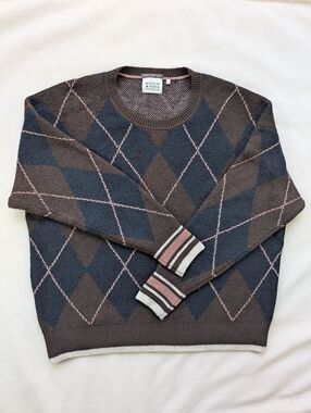 Scotch & Soda Amsterdam Men’s Argyle Sweater Brown Blue Lightweight Knit XL